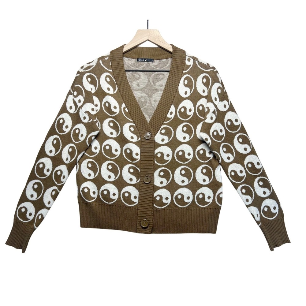 Nikka K Womens Yin Yang‎ Cardigan Sweater Brown White V-Neck Knit Medium